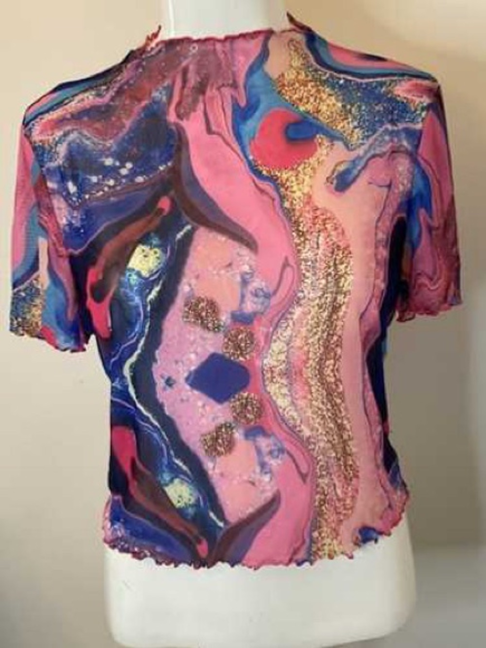 Plus Abstract Swirl Print Women's Top in Pink and Blue